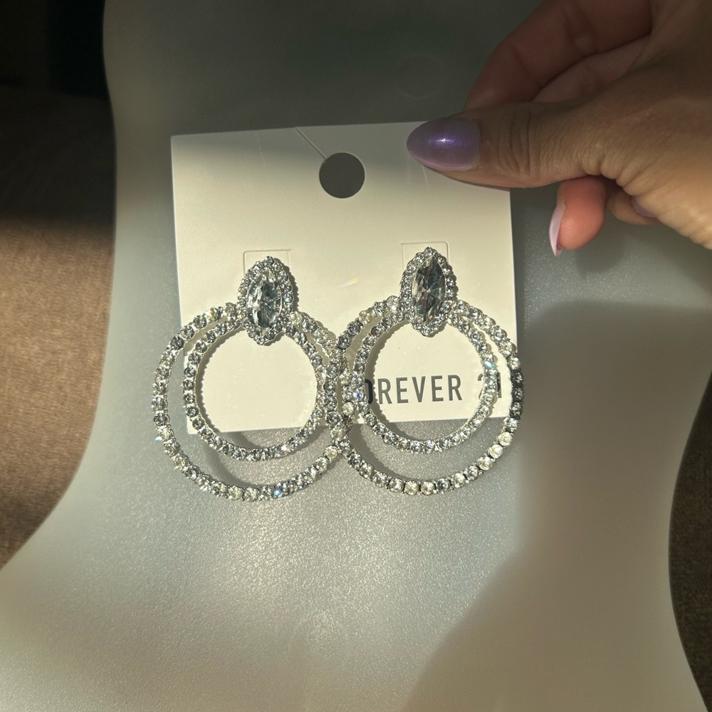 Forever 21 Silver Rhinestone Hoop Earrings